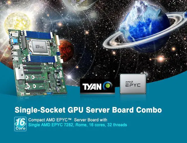 Main image of TYAN Combo Deal, S8030GM2NE-2T ATX Server Motherboard Installed AMD EPYC 7282, 16 Cores, 32 Threads, 2.8GHz, 120W. Factory Installed/Tested/Burn-in/Shipped