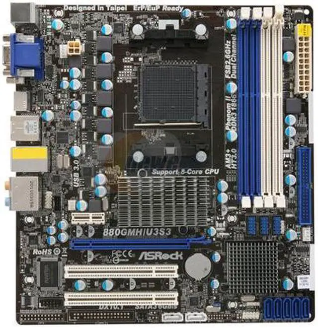 Alt view image 3 of 5 - ASRock 880GMH/U3S3 AM3+ AMD 880G USB 3.0 HDMI Micro ATX AMD Motherboard