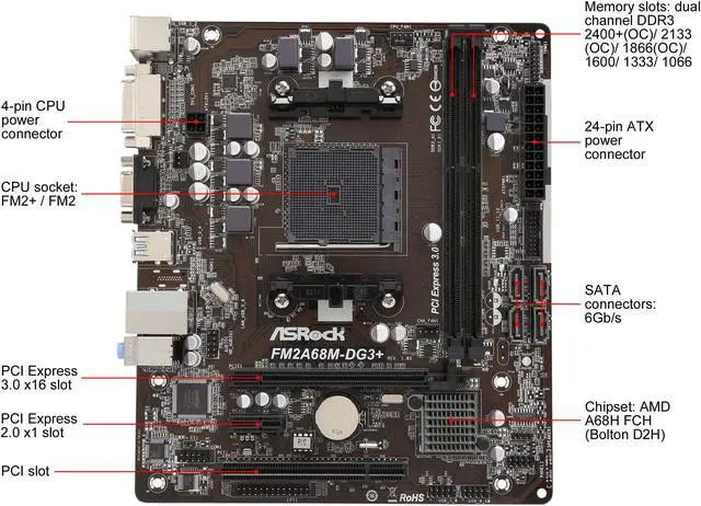 Alt view image 6 of 8 - ASRock FM2A68M-DG3+ FM2+ / FM2 AMD A68H FCH (Bolton D2H) USB 3.0 Micro ATX AMD Motherboard