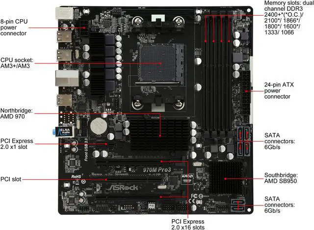 Alt view image 6 of 7 - ASRock 970M Pro3 AM3+/AM3 AMD 970 + AMD SB950 6 x SATA 6Gb/s USB 3.0 Micro ATX AMD Motherboard