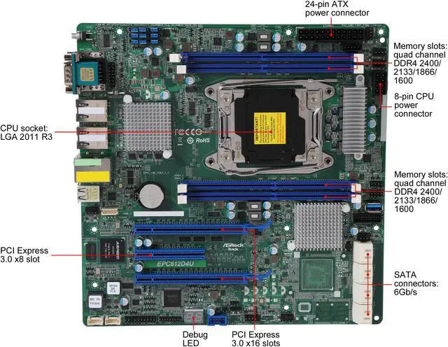 Alt view image 5 of 9 - ASRock Rack EPC612D4U Micro ATX Server Motherboard LGA 2011 R3 Intel C612
