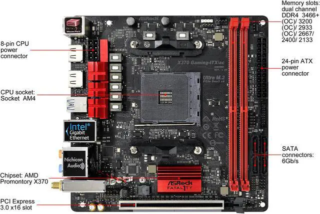 Alt view image 5 of 10 - ASRock Fatal1ty X370 Gaming-ITX/ac AM4 AMD Promontory X370 USB 3.1 HDMI Mini ITX AMD Motherboard