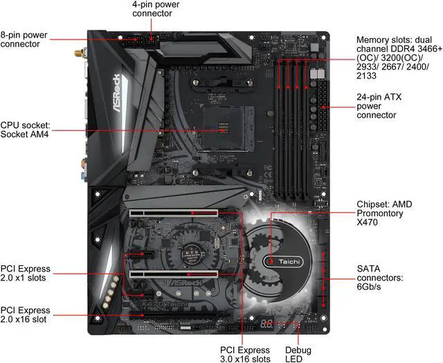 Alt view image 9 of 11 - ASRock X470 Taichi AM4 AMD Ryzen 3000 Series CPU Ready ATX AMD Motherboard
