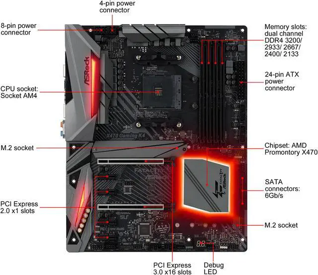 Alt view image 2 of 10 - ASRock Fatal1ty X470 Gaming K4 AM4 AMD Ryzen 3000 Series CPU Ready ATX AMD Motherboard