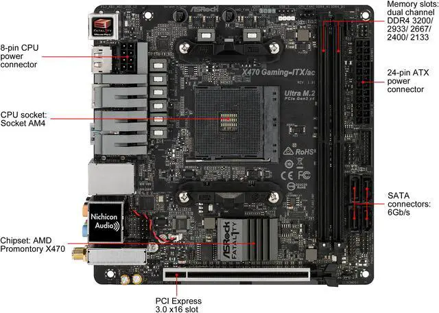 Alt view image 2 of 9 - ASRock Fatal1ty X470 Gaming-ITX/ac AM4 AMD Ryzen 3000 Series CPU Ready Mini ITX AMD Motherboard