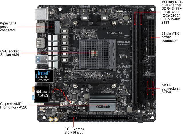 Alt view image 2 of 9 - ASRock A320M-ITX AM4 AMD Promontory A320 USB 3.1 HDMI Mini ITX AMD Motherboard