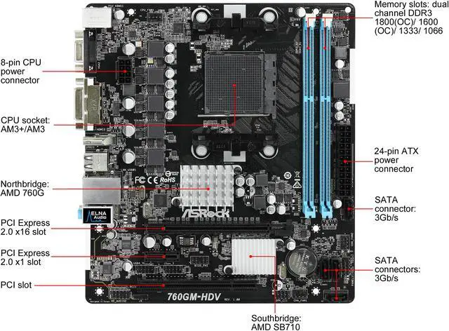 Alt view image 2 of 10 - ASRock 760GM-HDV AM3+/AM3 AMD 760G HDMI Micro ATX AMD Motherboard