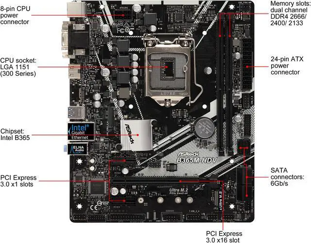 Alt view image 8 of 10 - ASRock B365M-HDV LGA 1151 (300 Series) Intel B365 Micro ATX Intel Motherboard