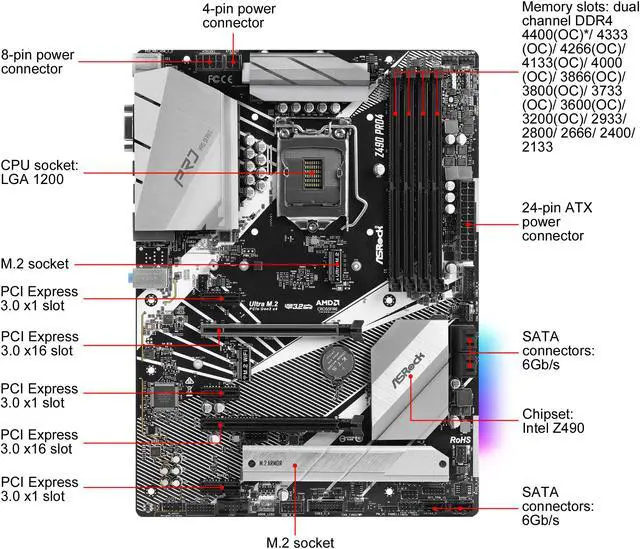 Alt view image 2 of 7 - ASRock Z490 Pro4 LGA 1200 Intel Z490 ATX Intel Motherboard