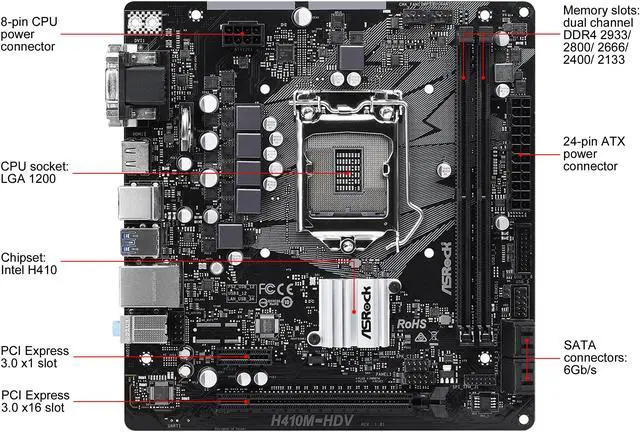 Alt view image 2 of 5 - ASRock H410M-HDV LGA 1200 Intel H410 Micro ATX Intel Motherboard