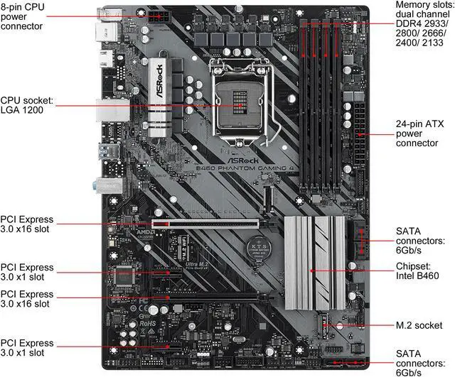 Alt view image 3 of 4 - ASRock B460 Phantom Gaming 4 LGA 1200 Intel B460 ATX Intel Motherboard