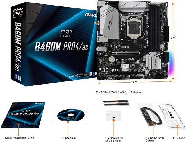 Alt view image 9 of 10 - ASRock B460M Pro4/ac LGA 1200 Intel B460 Micro ATX Intel Motherboard