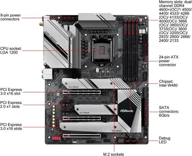 Alt view image 2 of 10 - ASRock W480 CREATOR LGA 1200 Intel W480 ATX Intel Motherboard