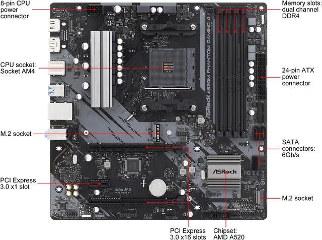 ASRock A520M PHANTOM GAMING 4 AM4 AMD A520 SATA 6Gb/s Micro ATX AMD  Motherboard