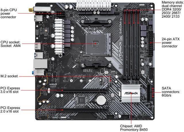 Alt view image 2 of 7 - ASRock B450M/AC R2.0 AM4 AMD Promontory B450 Micro ATX AMD Motherboard