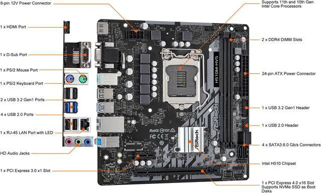 Alt view image 2 of 6 - ASRock H510M-HVS LGA 1200 Intel H510 Micro ATX Intel Motherboard