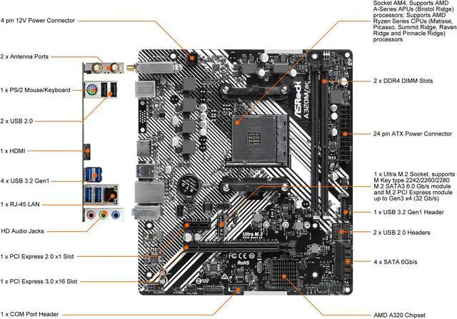 Alt view image 2 of 9 - ASRock A320M/AC AM4 AMD A320 Micro ATX AMD Motherboard