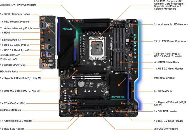 Alt view image 3 of 13 - ASRock Z690 EXTREME LGA 1700 (14th,13th,12th Gen) Intel Z690 SATA 6Gb/s DDR4 ATX Intel Motherboard