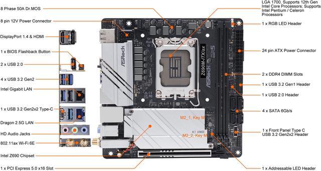 Alt view image 4 of 10 - ASRock Z690M-ITX/ax LGA 1700 (14th,13th,12th Gen) Intel Z690 SATA 6Gb/s DDR4 Mini ITX Intel Motherboard