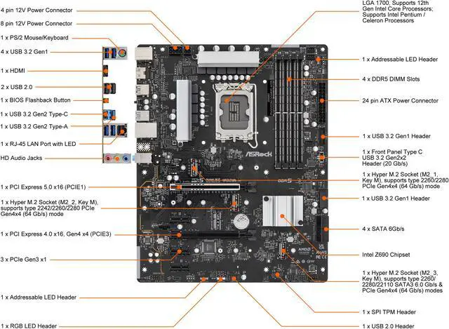 Alt view image 5 of 10 - ASRock Z690 Phantom Gaming 4/D5 LGA 1700 (14th,13th,12th Gen) DDR5 ATX Intel Z690 Intel Motherboard