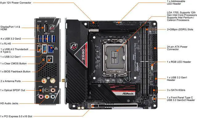 Alt view image 3 of 10 - ASRock Z690 Phantom Gaming-ITX/TB4 LGA 1700 (14th,13th,12th Gen) Intel Z690 SATA 6Gb/s DDR5 Mini ITX Intel Motherboard