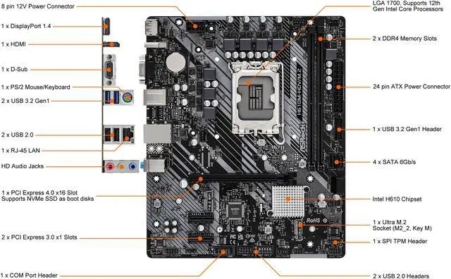 Alt view image 2 of 9 - ASRock H610M-HDV/M.2 LGA 1700 Intel H610 SATA 6Gb/s DDR4 Micro ATX Motherboard