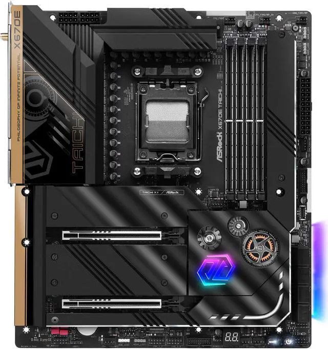 Alt view image 2 of 4 - ASRock X670E Taichi AM5 EATX Motherboard. 4xDDR5 slots, 2 x PCIe 5.0 x16 Slots , AMD Cross Fire, Quad M.2 slots, 2.5GB LAN, WIFI-6E, 5,1 HD audio, HDMI 2.1, DP 1.4 ports, USB4 Type-C, 8 Layer PCB.