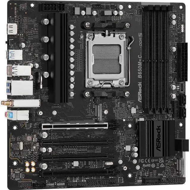 Main image of ASRock B650M-C AMD AM5 Micro ATX Motherboard, B650, Ryzen 9000/8000/7000, DDR5 6200+(OC), PCIe 5.0 M.2, PCIe 4.0, 802.11ac Wi-Fi, USB-C, HDMI