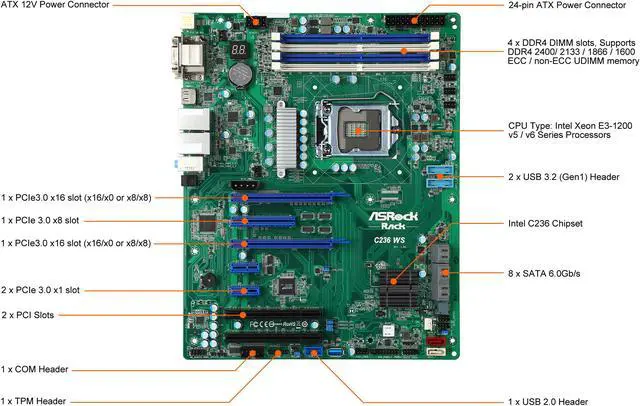 Alt view image 5 of 8 - ASRock Rack C236 WS ATX Server Motherboard LGA 1151 Intel C236