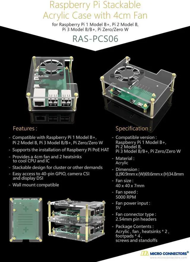Alt view image 6 of 7 - Micro Connectors Acrylic Stackable Raspberry Pi 5, Pi 4 & Pi 3 Case with Fan (RAS-PCS06)