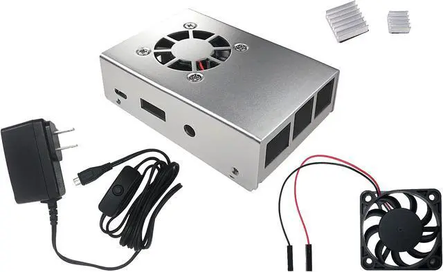 Main image of Micro Connectors RAS-PCS04PWR-SL Aluminum Raspberry Pi 3 Case for Model B/B+ with Fan, Heatsinks and UL Approved On/Off Power Adapter