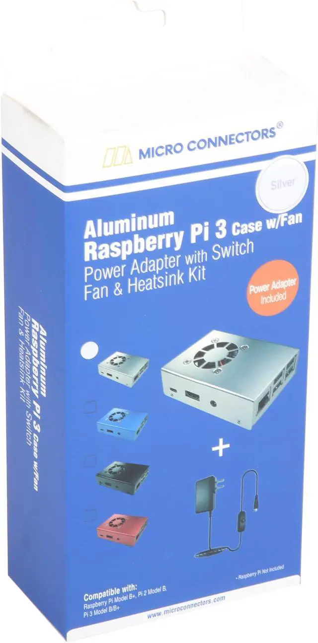 Alt view image 7 of 7 - Micro Connectors RAS-PCS04PWR-SL Aluminum Raspberry Pi 3 Case for Model B/B+ with Fan, Heatsinks and UL Approved On/Off Power Adapter