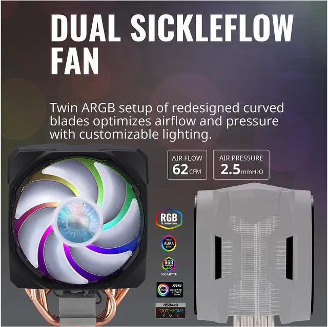 Alt view image 8 of 12 - Cooler Master MasterAir MA610P ARGB CPU Air Cooler - with Addressable RGB Controller, Dual SickleFlow 120mm ARGB Fan, 6 CDC Heatpipes, ARGB LED Top Cover