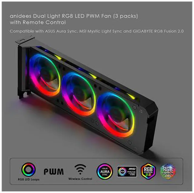 Alt view image 5 of 7 - Anidees Graphic Card Cooler 3 x 80mm PWM Fan, Support ASUS Aura SYNC/MSI Mystic Sync/ASROCK Aura RGB/GIGABYTE RGB Fusion (5V 3-Pin Addressable Headers ONLY) PCI Mount Bracket with Remote - AI-GP-CL