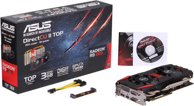 Alt view image 6 of 6 - ASUS DirectCU II Radeon R9 280 3GB GDDR5 PCI Express 3.0 CrossFireX Support Graphics Card R9280-DC2T-3GD5