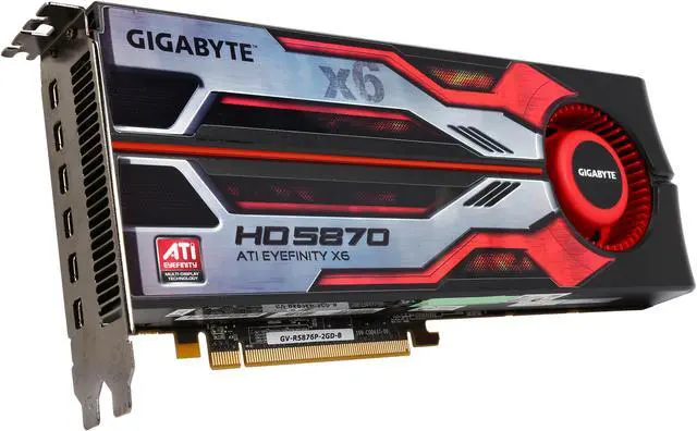 Main image of GIGABYTE  GV-R5876P-2GD-B  Radeon HD 5870 (Cypress XT)  2GB  256-Bit  GDDR5  PCI Express 2.1 x16  HDCP Ready CrossFireX Support Eyefinity 6 Edition Video Card Factory Refurbished