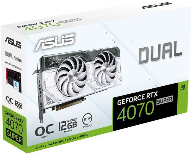 Alt view image 9 of 10 - ASUS Dual GeForce RTX 4070 SUPER White OC Edition (PCIe 4.0, 12GB GDDR6X, DLSS 3, HDMI 2.1a, DisplayPort 1.4a, 2.56-slot design, Axial-tech fan design, Auto-Extreme Tech) DUAL-RTX4070S-O12G-WHITE