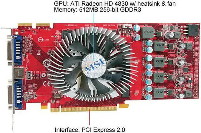 Alt view image 3 of 6 - MSI Radeon HD 4830 512MB GDDR3 PCI Express 2.0 x16 CrossFireX Support Graphics Card R4830-T2D512 OC