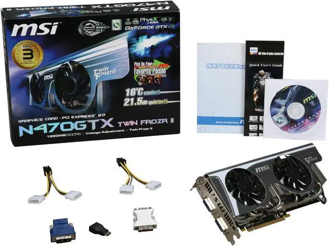 Alt view image 6 of 6 - MSI GeForce GTX 470 (Fermi) 1280MB GDDR5 PCI Express 2.0 x16 SLI Support Graphics Card N470GTX Twin Frozr II