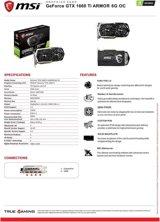 Alt view image 5 of 8 - MSI GeForce GTX 1660 Ti 6GB GDDR6 PCI Express 3.0 x16 Graphics Card GTX 1660 TI ARMOR 6G OC