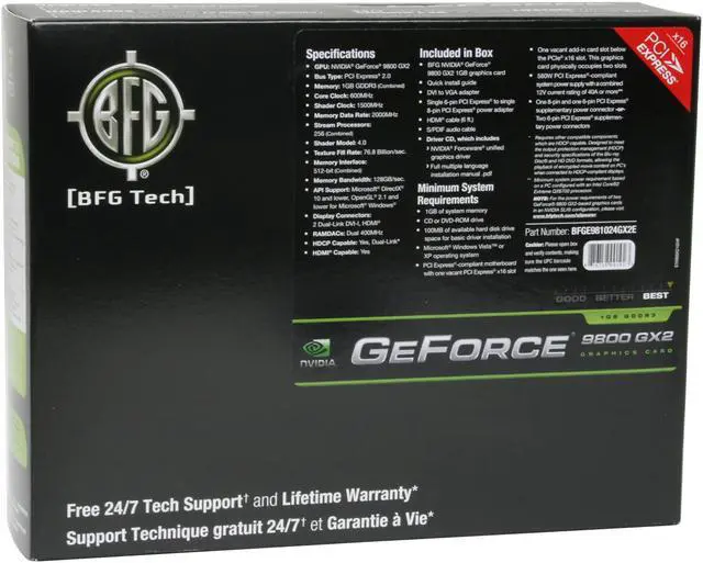 Alt view image 7 of 7 - BFG Tech GeForce 9800 GX2 1GB (512MB per GPU) GDDR3 PCI Express 2.0 x16 SLI Support Graphics Card BFGE981024GX2E