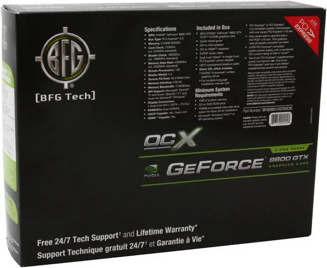 Alt view image 8 of 8 - BFG Tech GeForce 9800 GTX 512MB GDDR3 PCI Express 2.0 x16 SLI Support Graphics Card BFGE98512GTXOCXE
