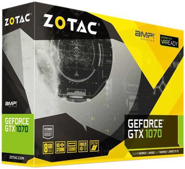 Alt view image 8 of 8 - ZOTAC GeForce GTX 1070 AMP! Edition, ZT-P10700C-10P, 8GB GDDR5 IceStorm Cooling, Metal Wraparound Carbon ExoArmor exterior, Ultra-wide 100mm Fans, Spectra Lighting, PowerBoost, FREEZE fan stop
