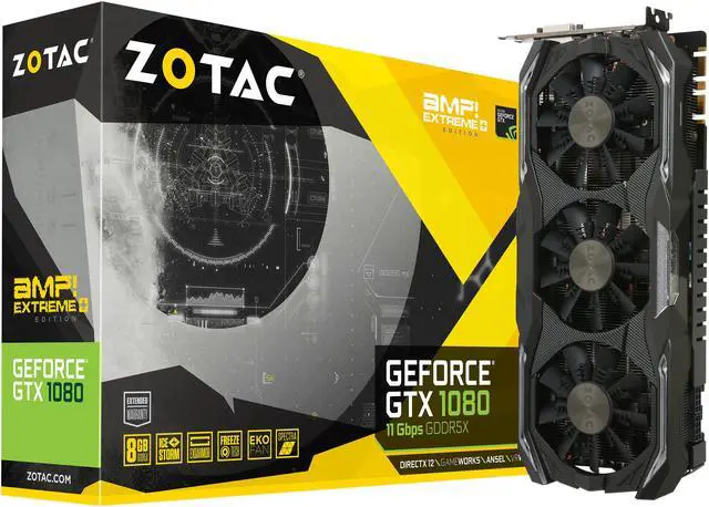 Alt view image 6 of 7 - ZOTAC GeForce GTX 1080 AMP! Extreme+, ZT-P10800I-10P, 8GB 11Gbps GDDR5X IceStorm Cooling, Metal Wraparound Carbon ExoArmor exterior, Dual-blade EKO Fan, Spectra Lighting, PowerBoost, FREEZE Fan Stop