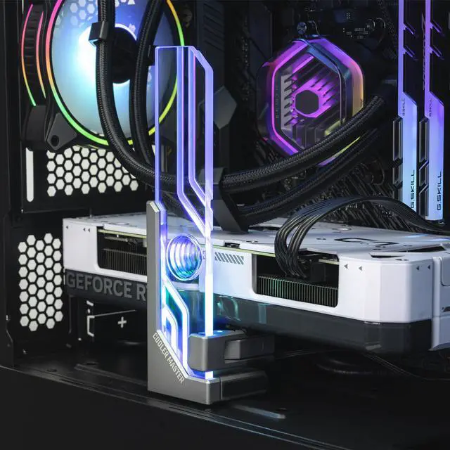 Alt view image 13 of 14 - Cooler Master Atlas ARGB GPU Support Bracket, Aluminum Magnets Stand, Infinity Mirror Design, ARGB Tempered Glass, Dual-Axis Mode Vertical | Horizontal. (MCA-U000R-AGSBTG-00)