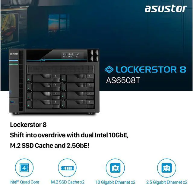 Alt view image 3 of 7 - Asustor 8 Bay NAS Lockerstor 8 | AS6508T | Quad-Core CPU, Dual 10GbE+2.5GbE Ports, 8GB RAM DDR4, Two M.2 Slots (Diskless)