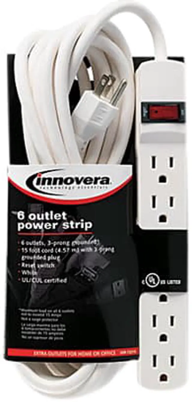 Alt view image 6 of 6 - Six-Outlet Power Strip, 15-Foot Cord, 1-15/16 X 10-3/16 X 1-3/16, Ivory