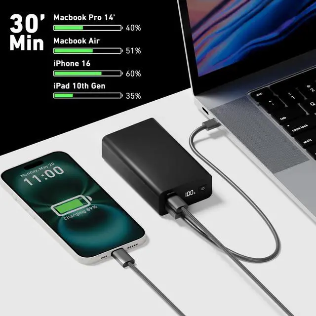 Alt view image 3 of 8 - CODi 65W Laptop & Device Power Bank - 20,000mAh Portable Battery Pack with USB-C PD, USB-A Output, LCD Display, Fast Charging for Laptops & Mobile Devices