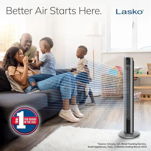 Alt view image 2 of 6 - Lasko Tower Fan, Oscillating Performance, Remote Control, Nighttime Setting, Timer, 3 Speeds, High-Velocity Tower Fan, Room Fan for Bedroom or Office, 48" Gray, T48314
