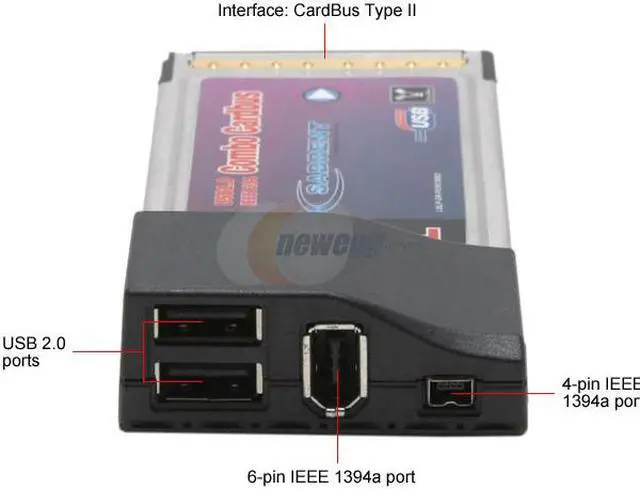 Alt view image 2 of 4 - SABRENT SBT-PCA4 USB / IEEE 1394 PCMCIA Card 2 x USB 2.0 One 6-pin 1394a port and one 4-pin mini 1394a port